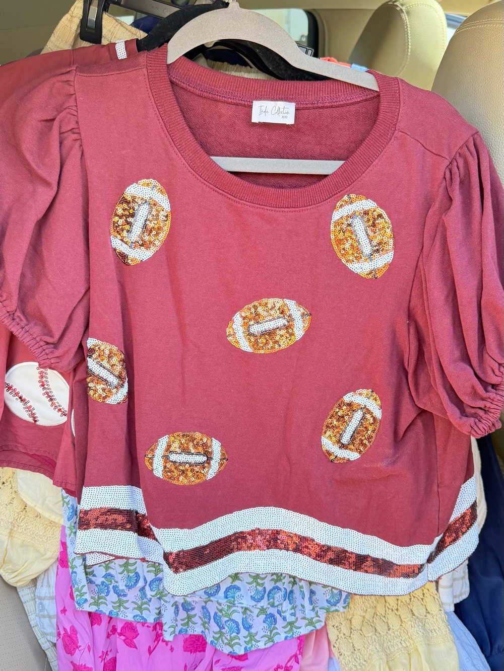 Maroon Football Sequin Puff-Sleeve Top